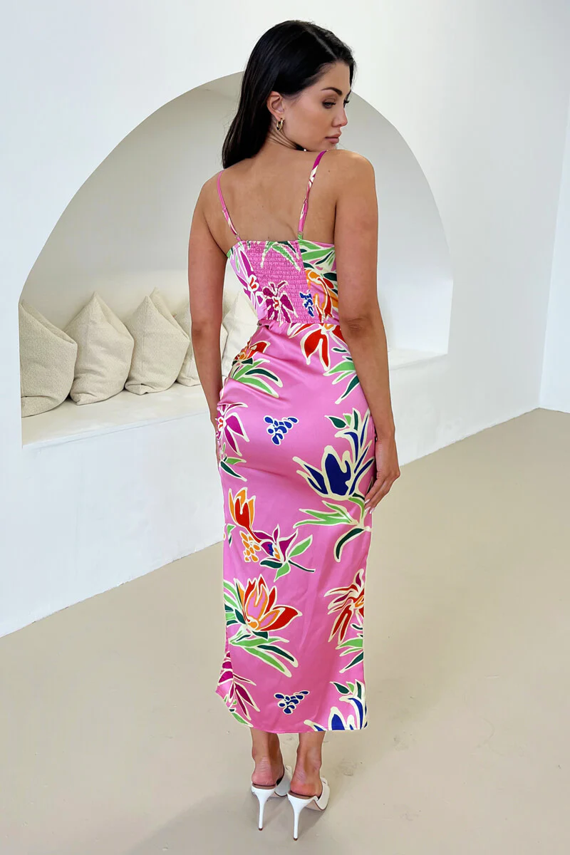 Pink Tropical Print  Cowl Neck Ruched Side Strappy Midi Dress - Image 5