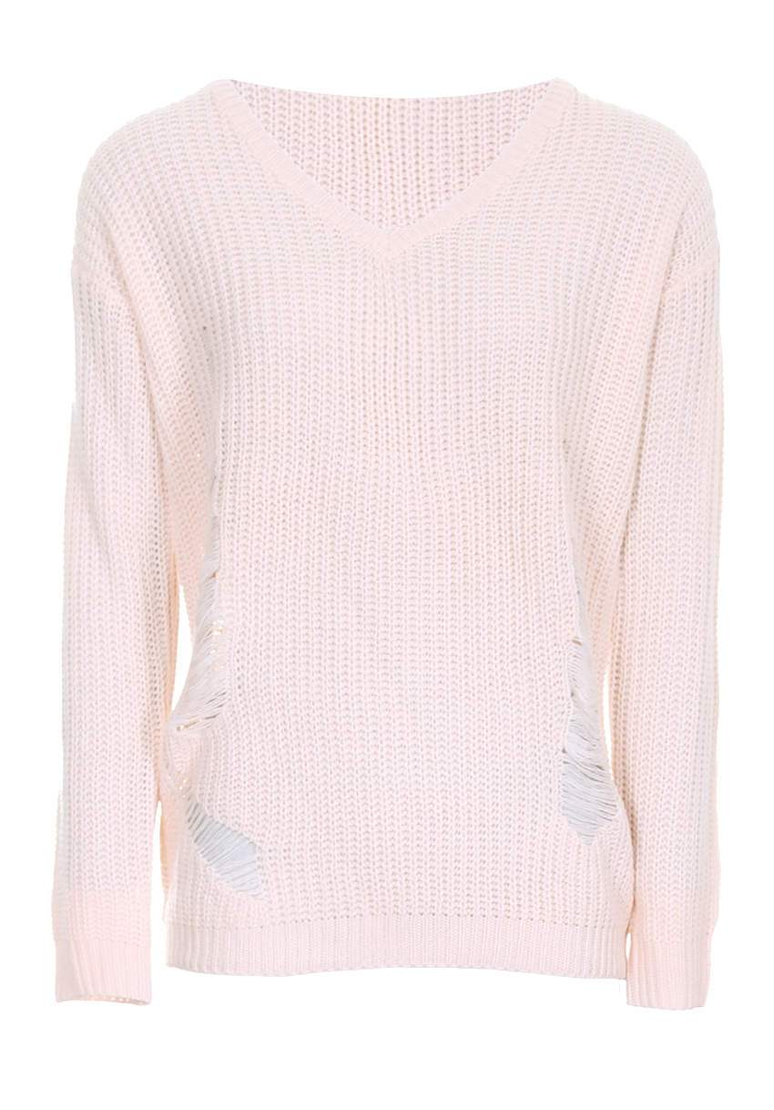 Pink V Neck Cable Knit Laddered Jumper - Image 4