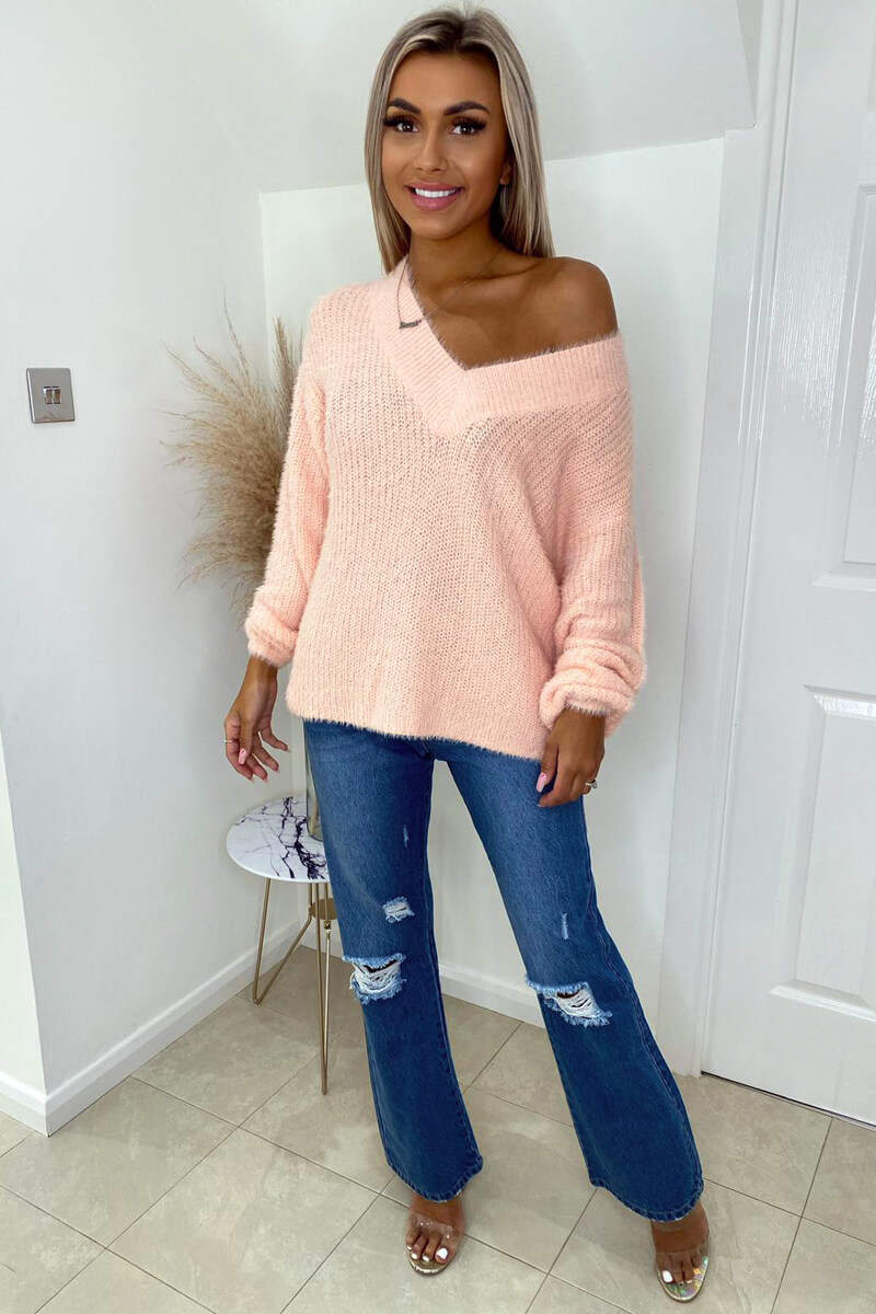Pink V-Neck Fluffy Knitted Jumper - Image 3