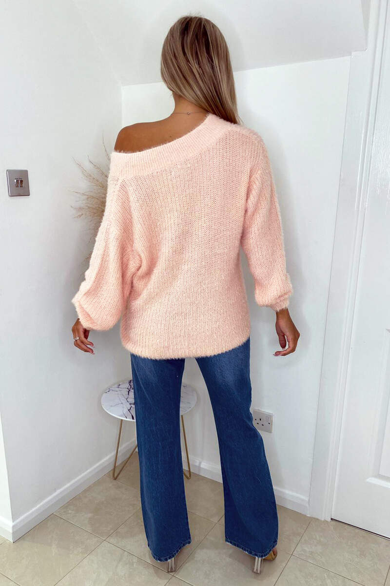 Pink V-Neck Fluffy Knitted Jumper - Image 4