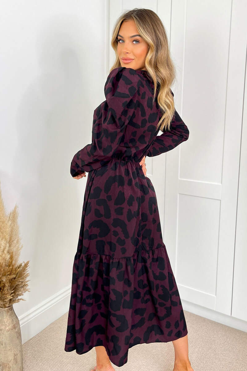 Plum And Black Animal Print Long Sleeve Midi Smock Dress - Image 2