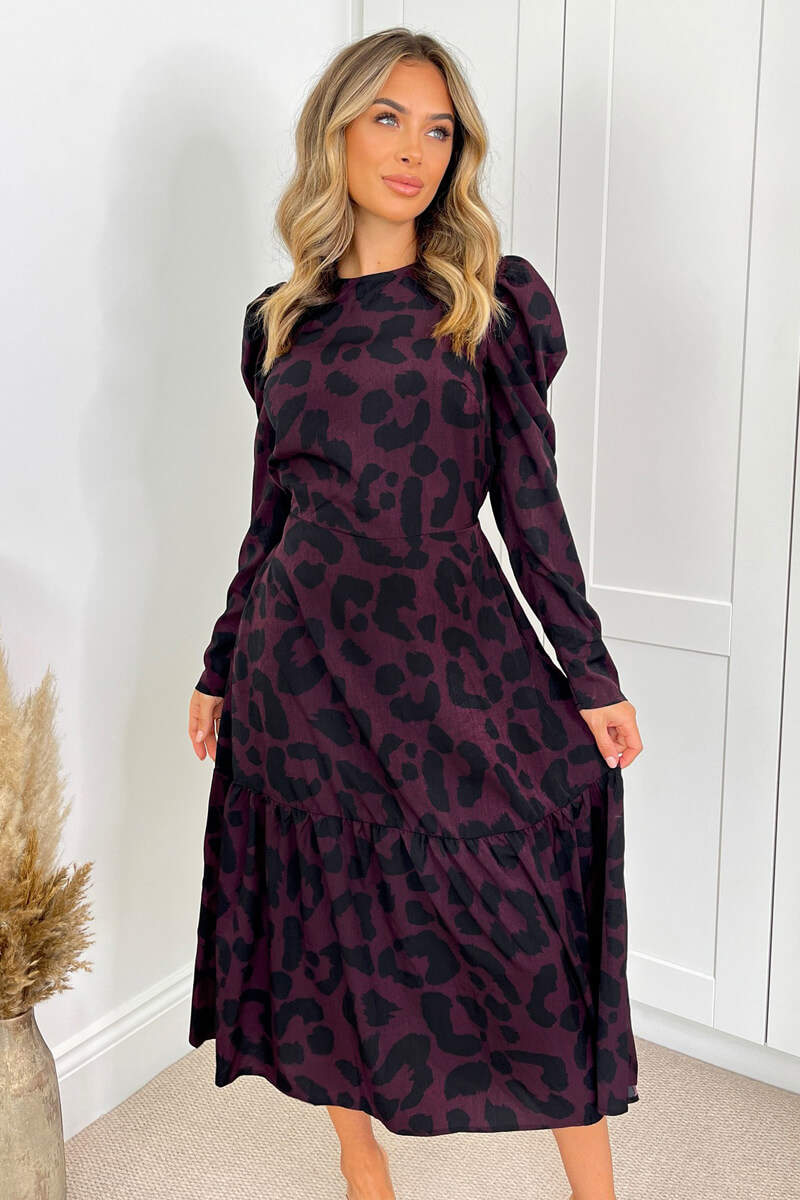 Plum And Black Animal Print Long Sleeve Midi Smock Dress - Image 3