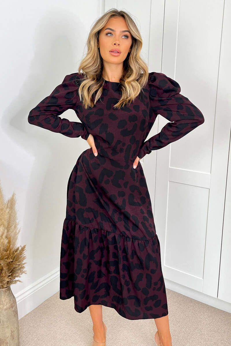 Plum And Black Animal Print Long Sleeve Midi Smock Dress - Image 4