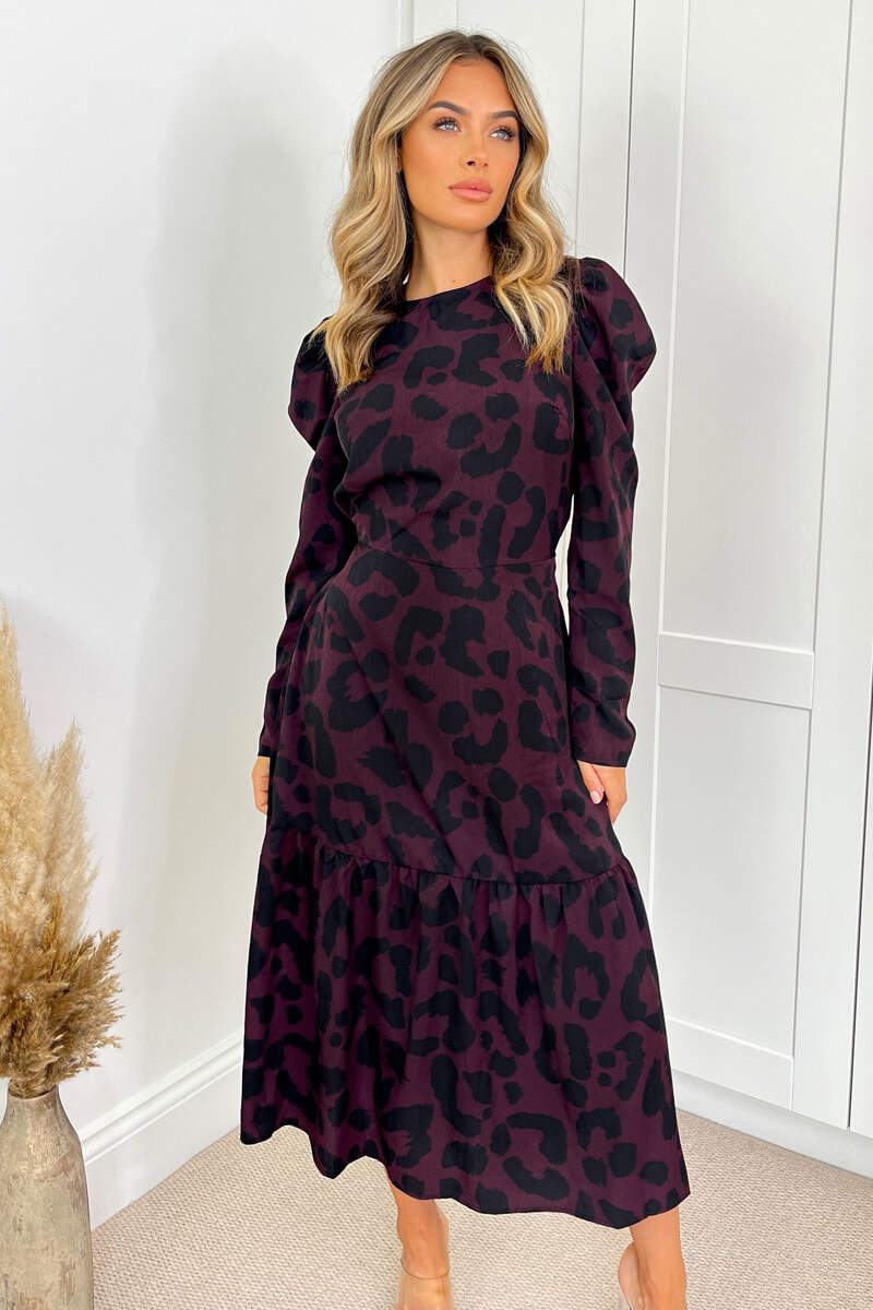 Plum And Black Animal Print Long Sleeve Midi Smock Dress - Image 5