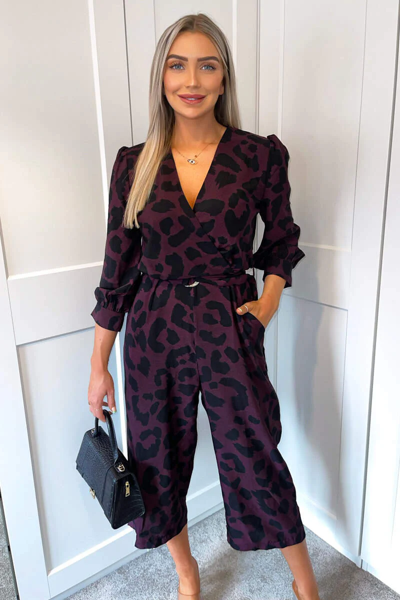 Plum And Black Printed Belted Long Sleeve Jumpsuit - Image 2