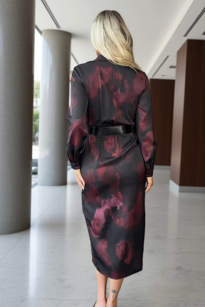 Plum And Black Smudge Print Belted Wrap Midi Shirt Dress - Image 5