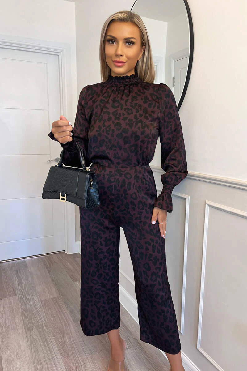 Plum Animal Print High Neck Long Sleeve Jumpsuit - Image 3