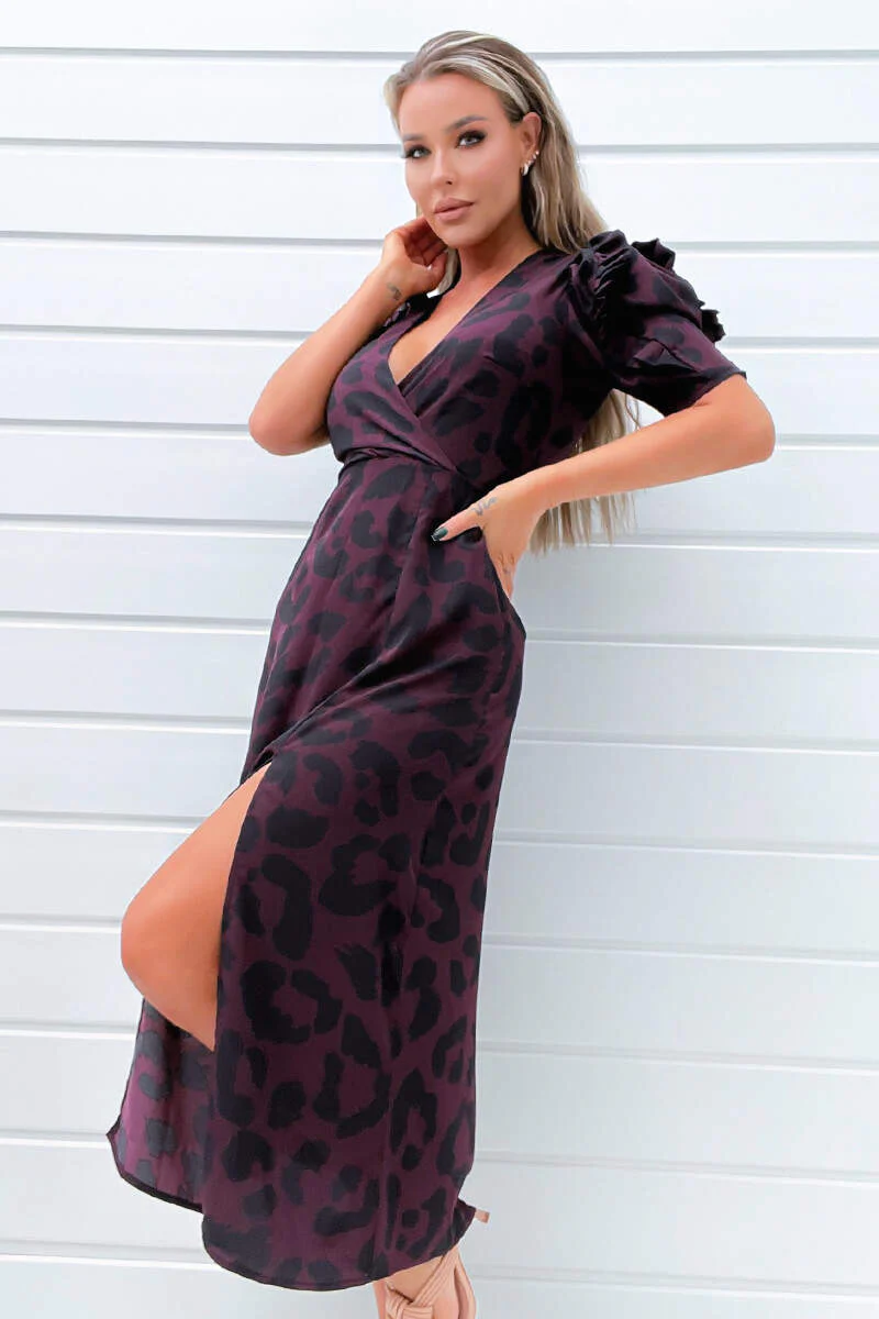 Plum Animal Print Pleated Sleeve Midi Dress - Image 2