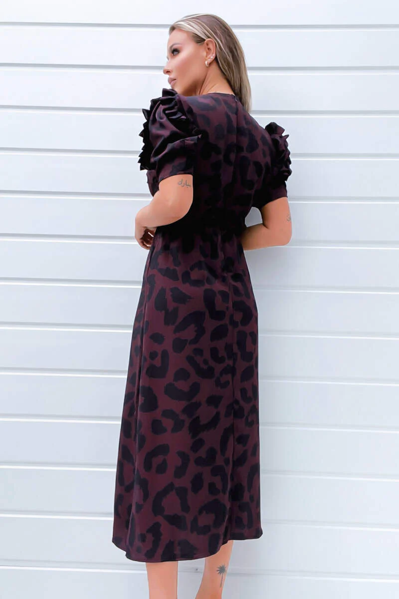 Plum Animal Print Pleated Sleeve Midi Dress - Image 3