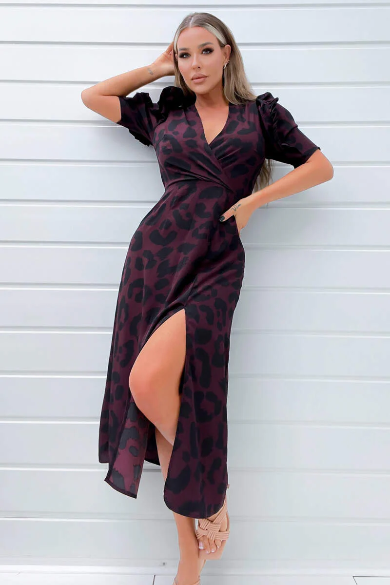 Plum Animal Print Pleated Sleeve Midi Dress - Image 4