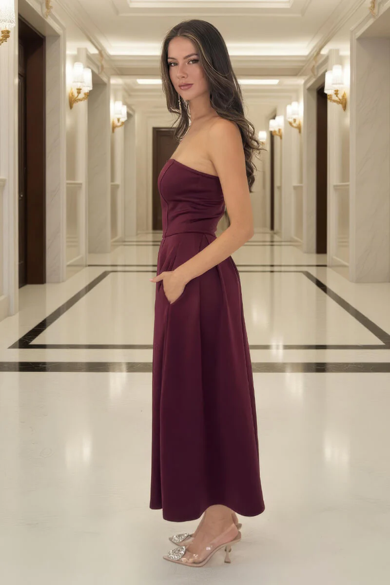 Plum Bandeau A-Line Skirt Midi Dress - Image 3