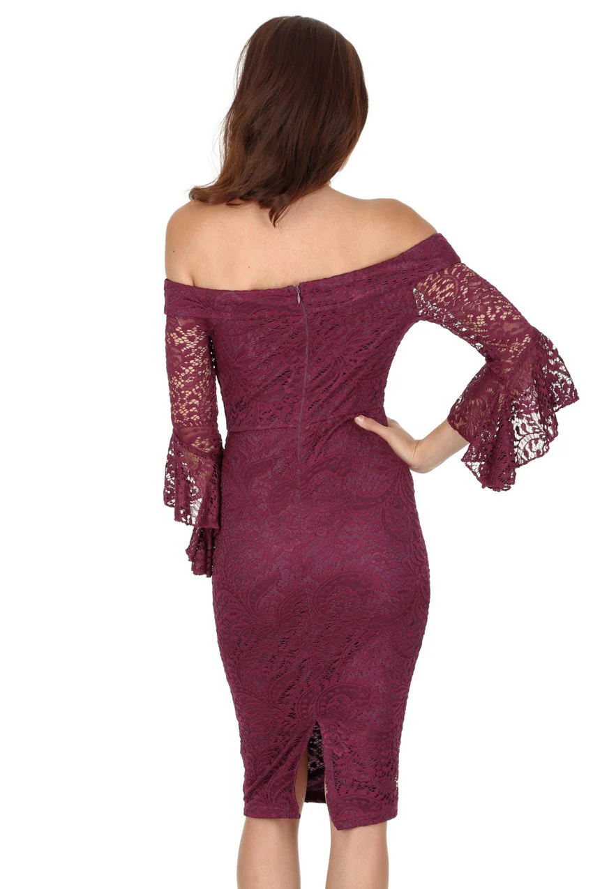 Plum Bardot Lace Dress - Image 3
