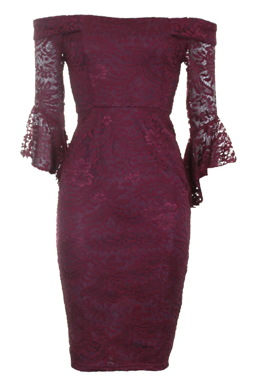 Plum Bardot Lace Dress - Image 4