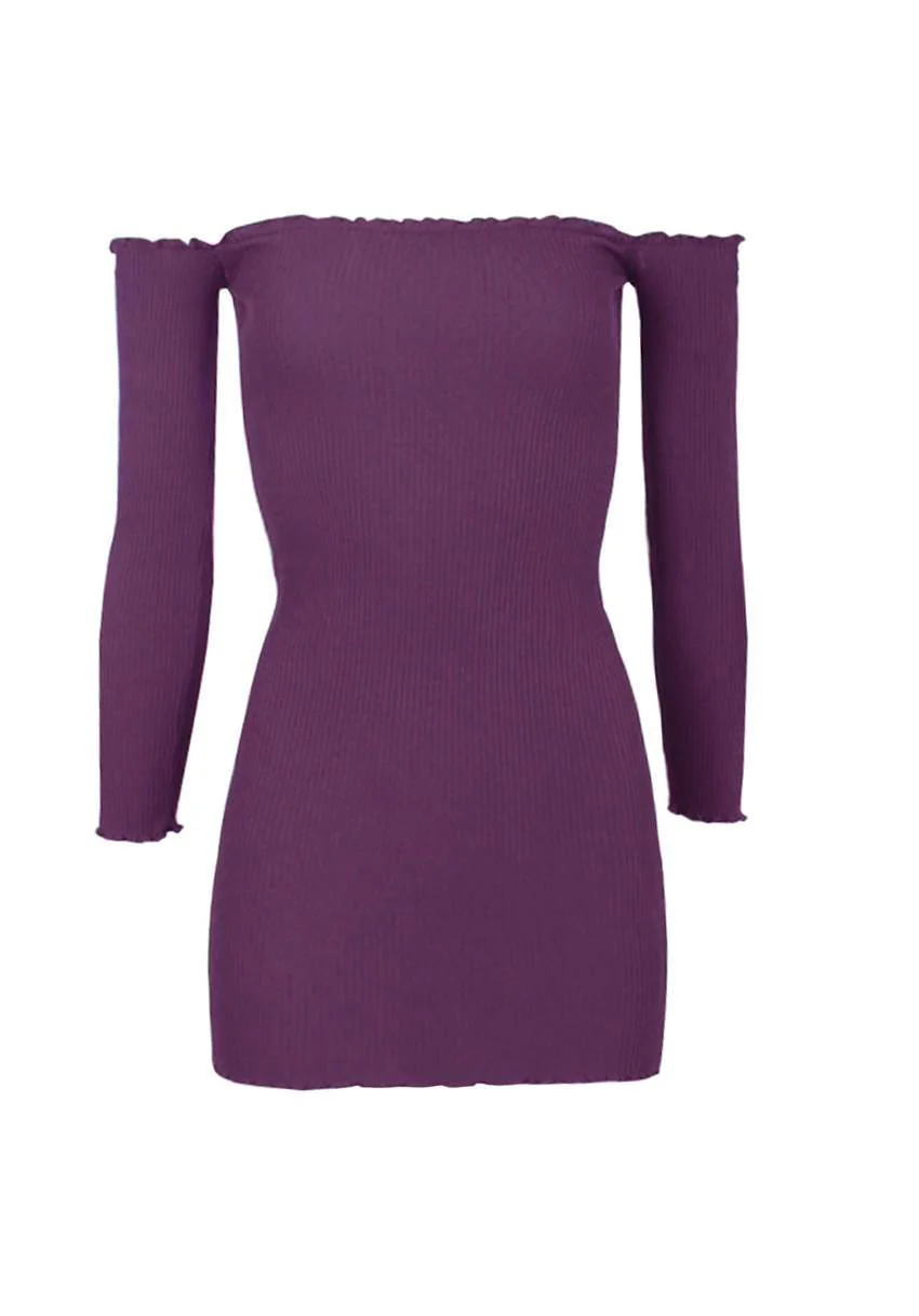 Plum Bardot Ruffle Detail Knit Dress - Image 4