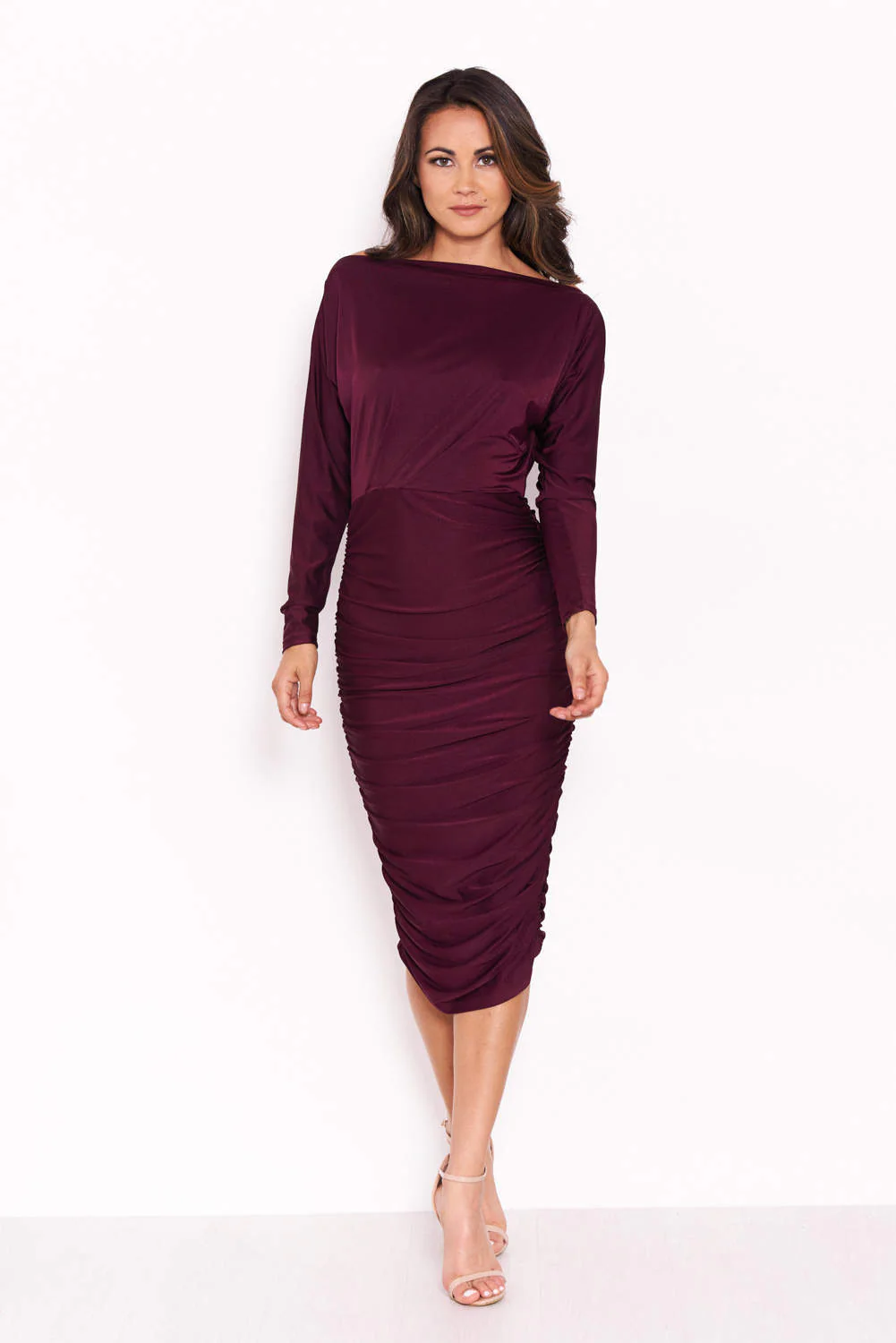 Plum Boat Neck Dress With Ruched Detail - Image 2