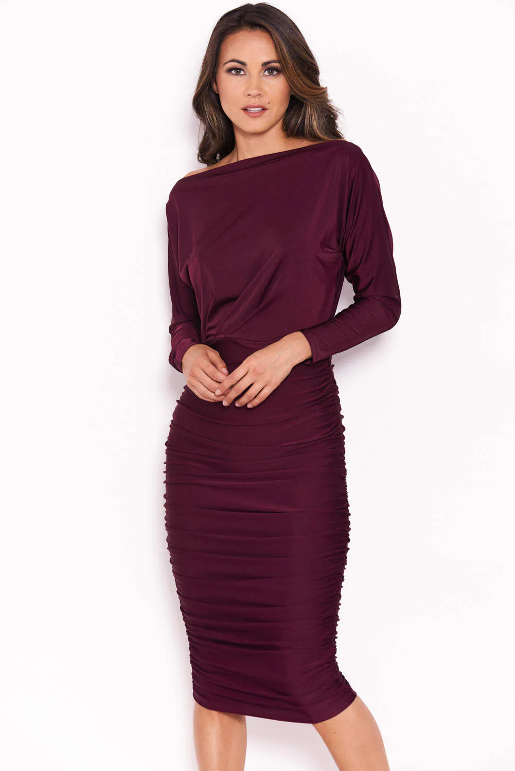 Plum Boat Neck Dress With Ruched Detail - Image 4
