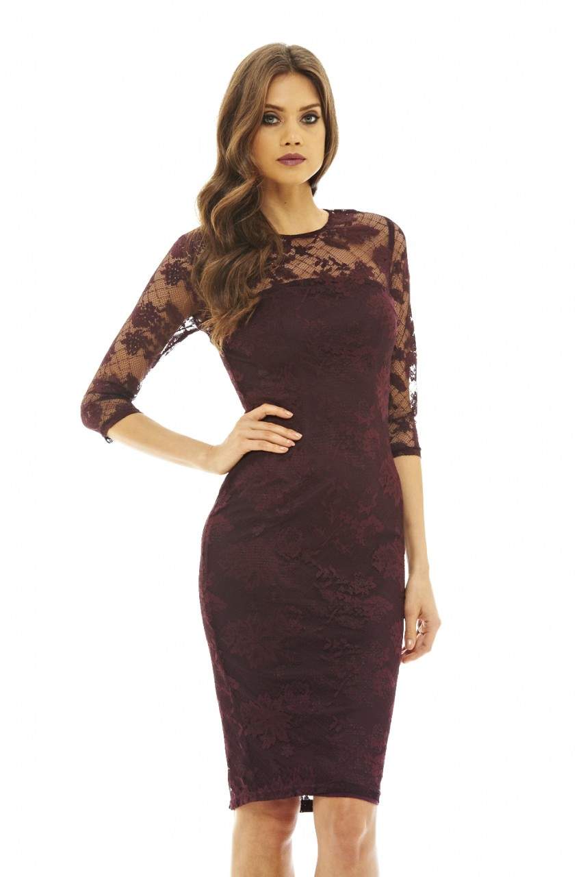 Plum Bodycon Midi Dress with Lace Sleeves - Image 2