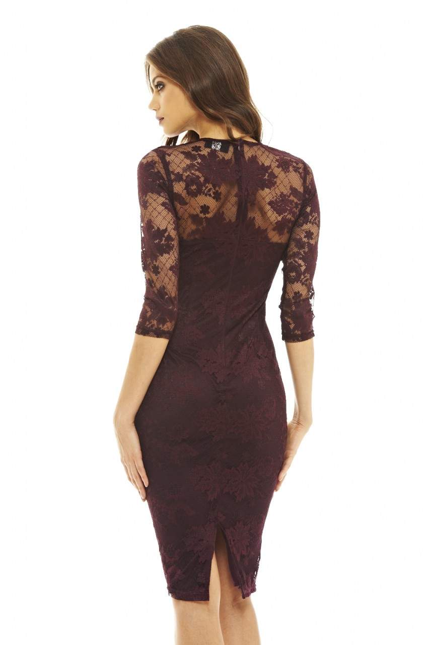 Plum Bodycon Midi Dress with Lace Sleeves - Image 3