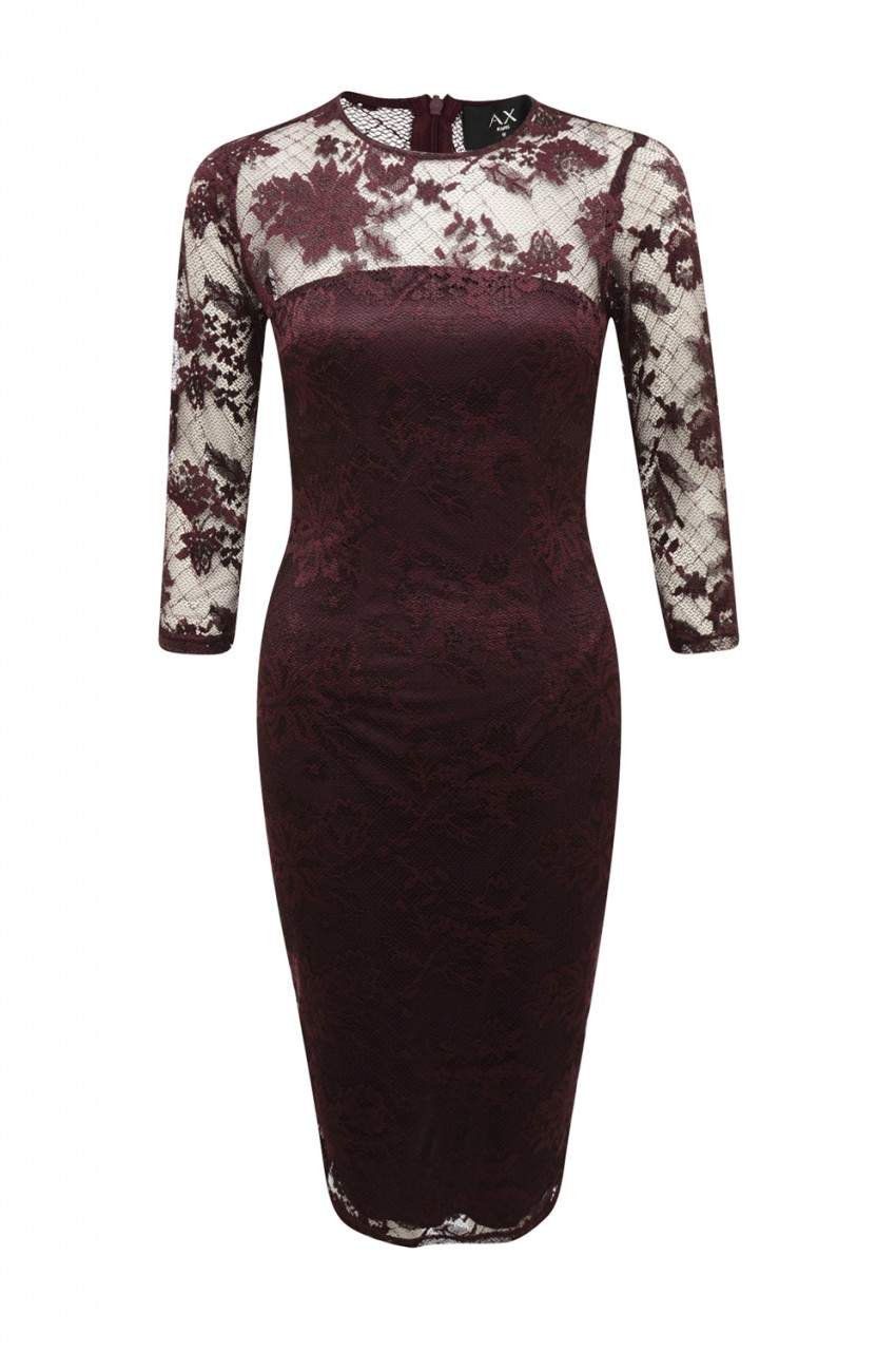 Plum Bodycon Midi Dress with Lace Sleeves - Image 4