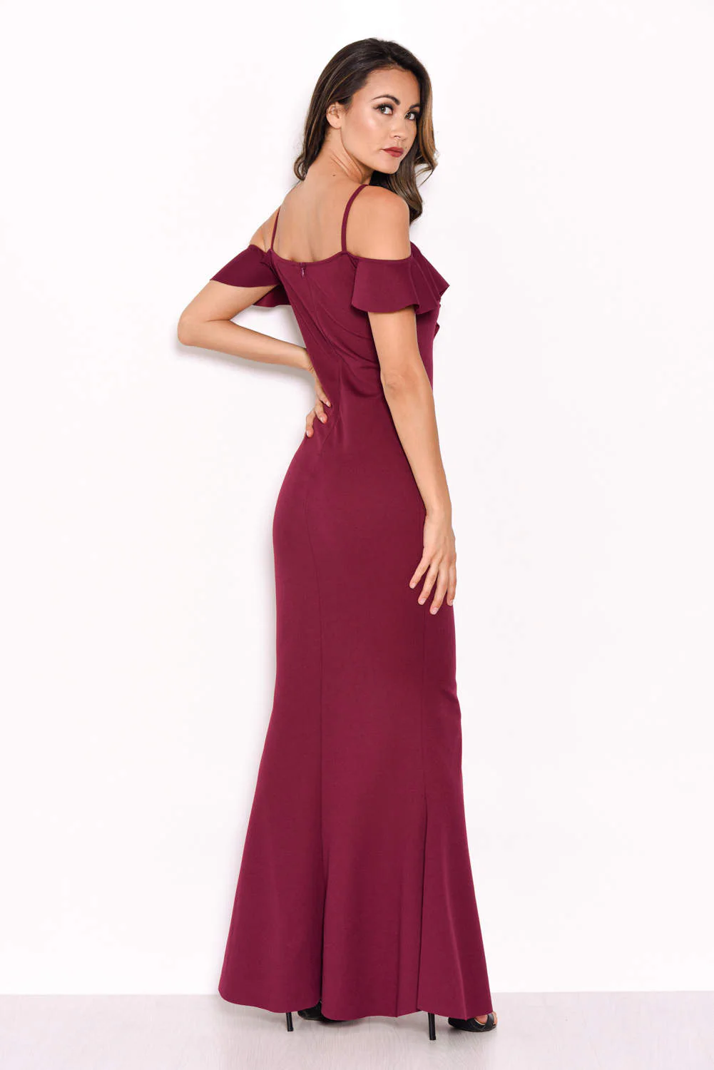 Plum Cold Shoulder Frill Detail Split Dress - Image 3