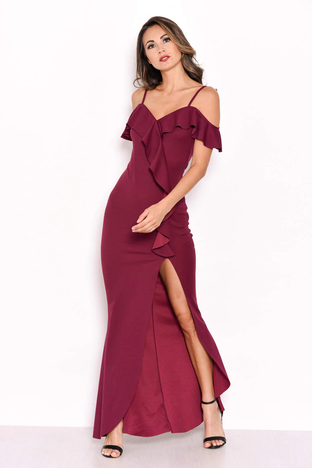 Plum Cold Shoulder Frill Detail Split Dress - Image 4