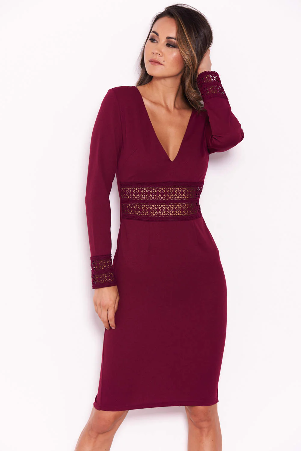 Plum Crochet Detail Bodycon Midi Dress - Image 4