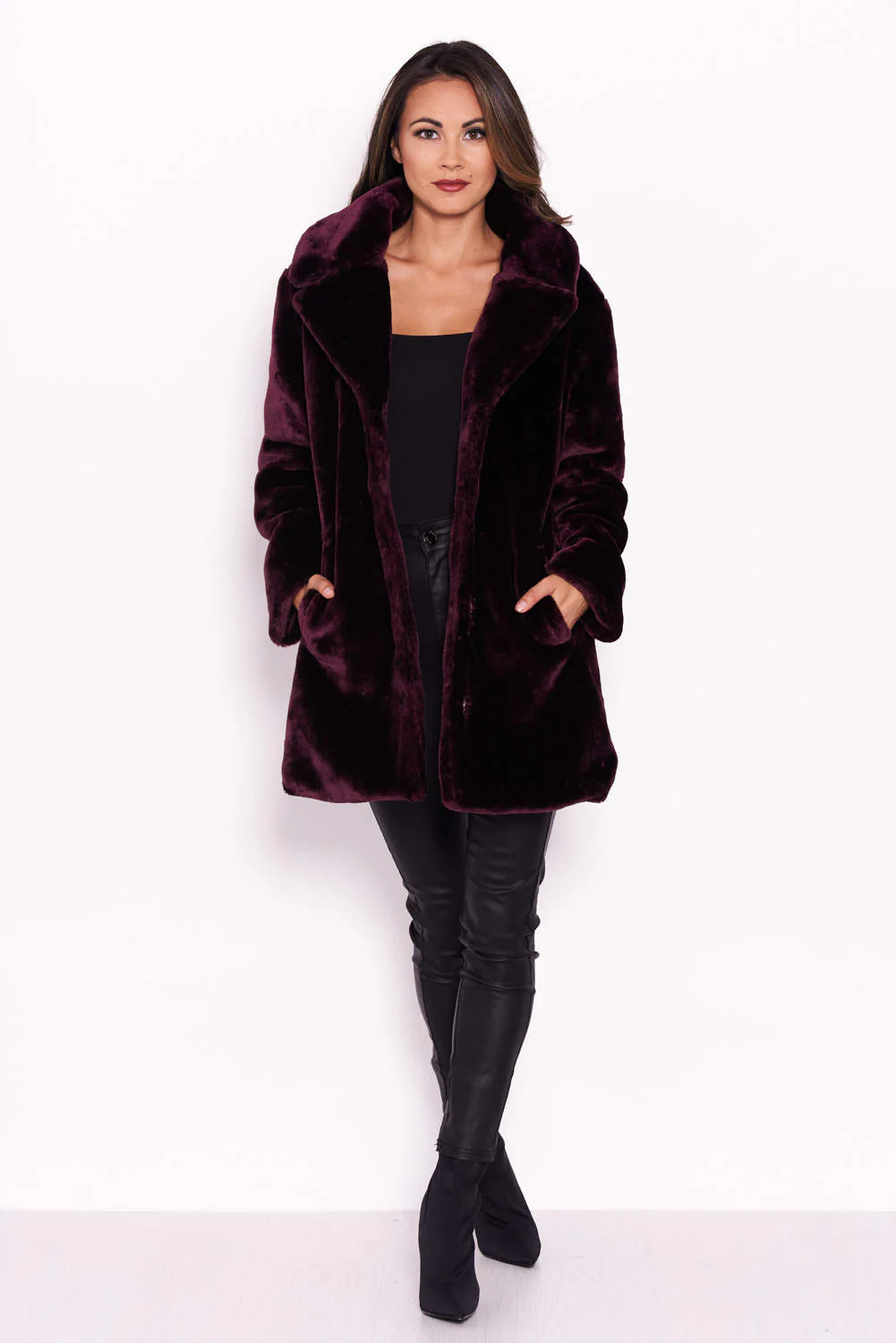Plum Faux Fur Coat With Collar - Image 2