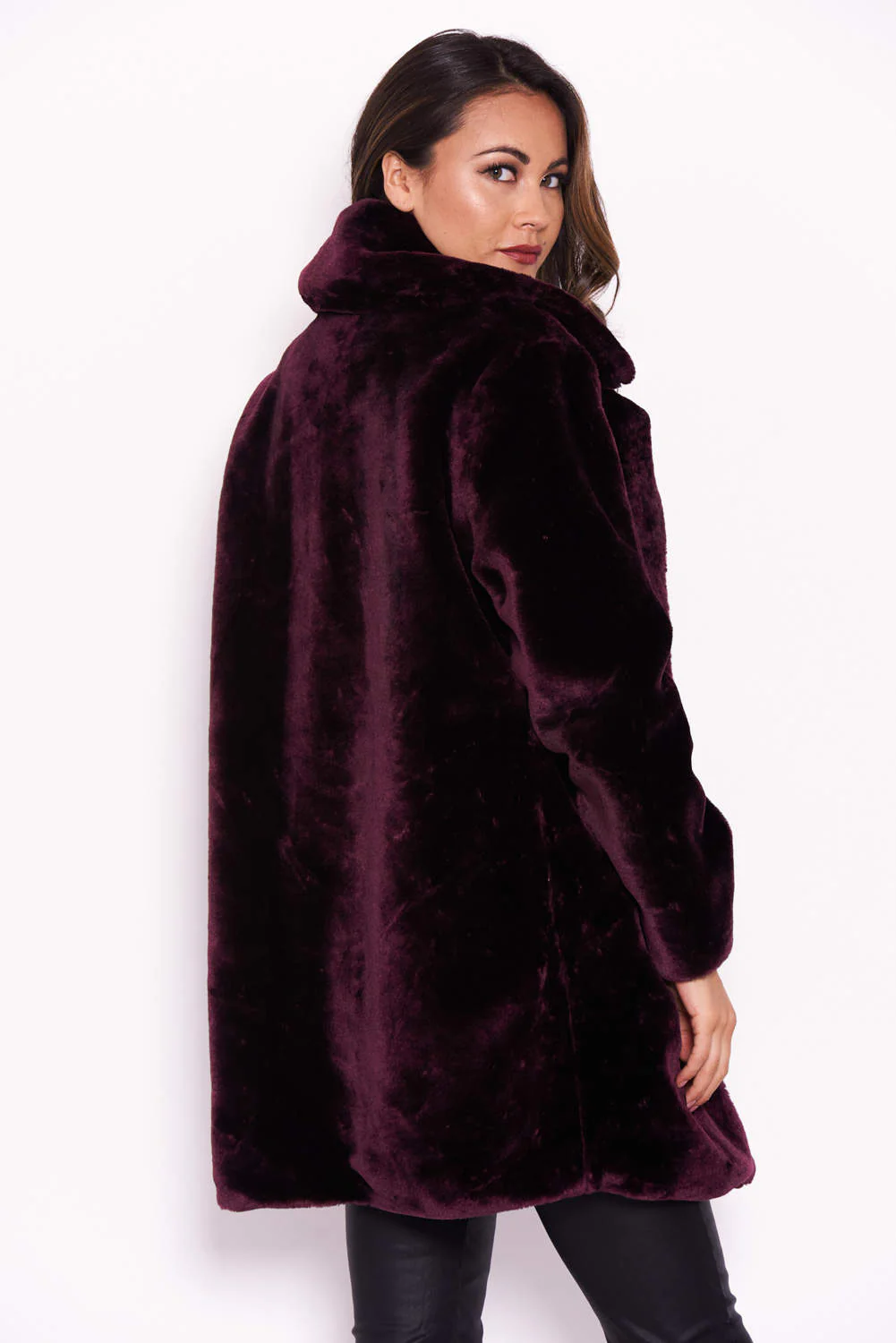 Plum Faux Fur Coat With Collar - Image 3