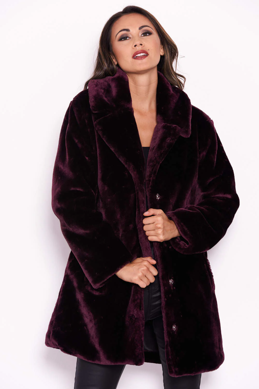 Plum Faux Fur Coat With Collar - Image 4