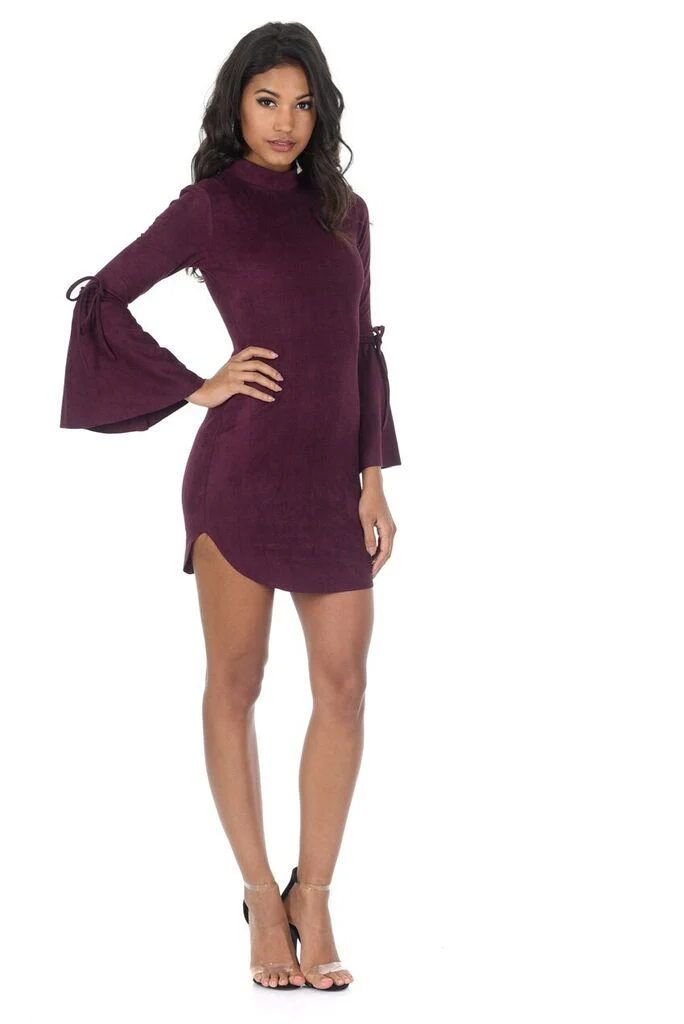 Plum Faux Suede Flare Sleeve Dress - Image 2