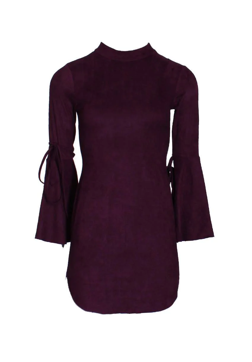 Plum Faux Suede Flare Sleeve Dress - Image 4