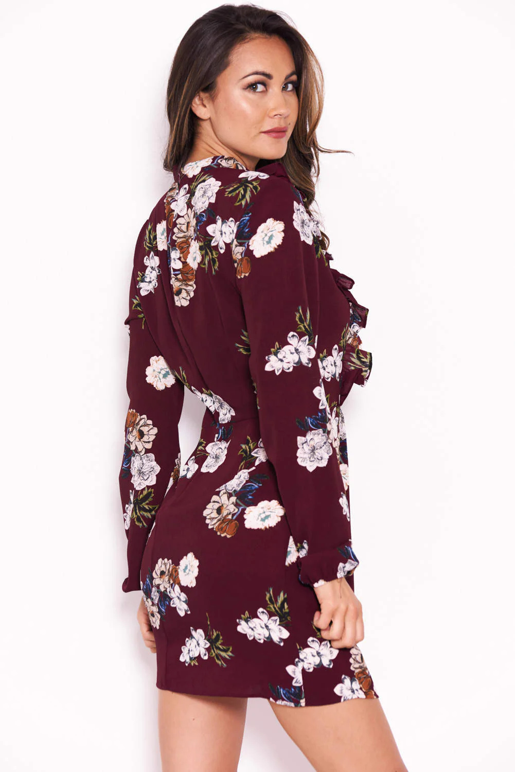 Plum Floral Dress With Frill Detail - Image 3