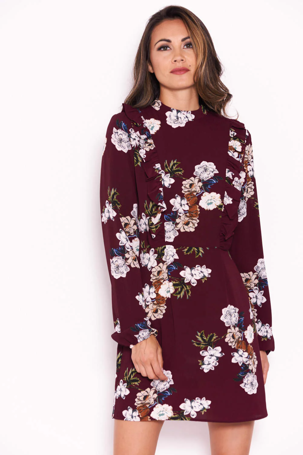 Plum Floral Dress With Frill Detail - Image 4