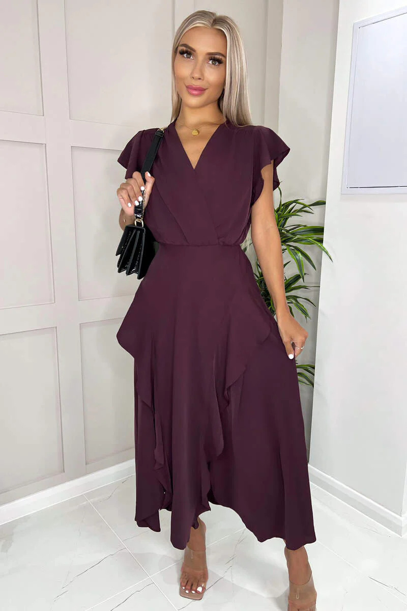 Plum Frill Detail Double Split Skirt Midi Dress - Image 2