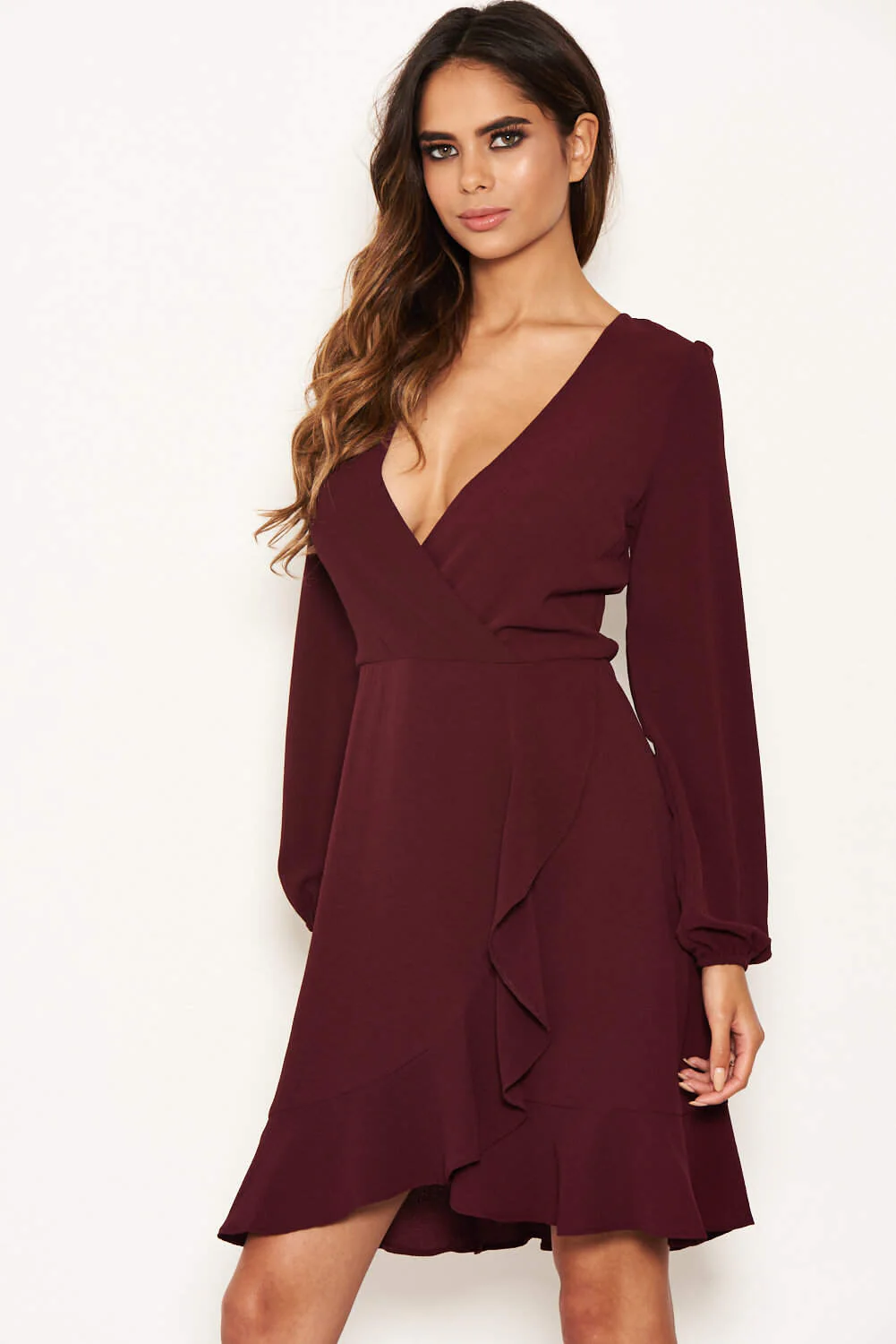 Plum Frill Wrap Long Sleeve Dress - Image 3
