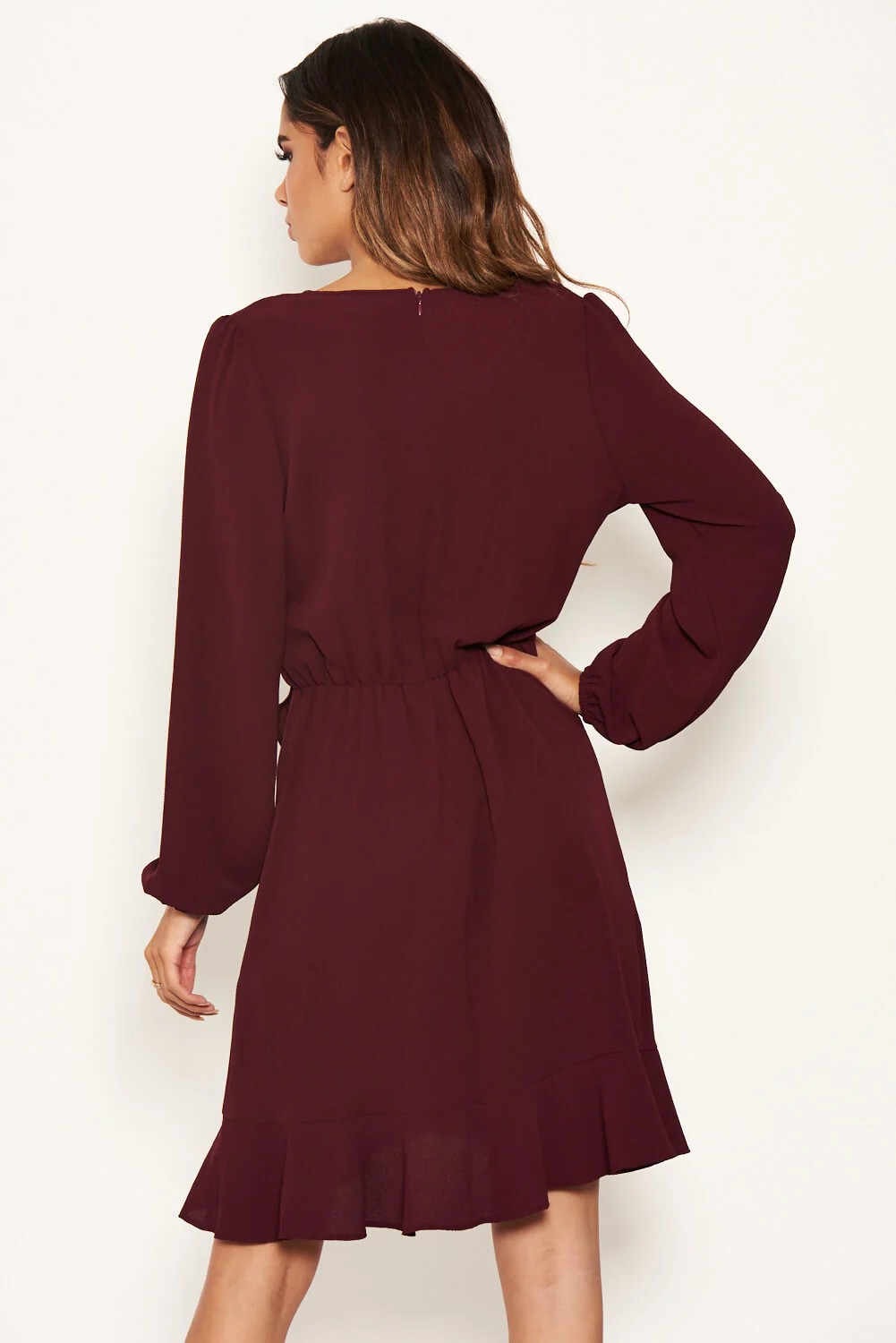 Plum Frill Wrap Long Sleeve Dress - Image 5