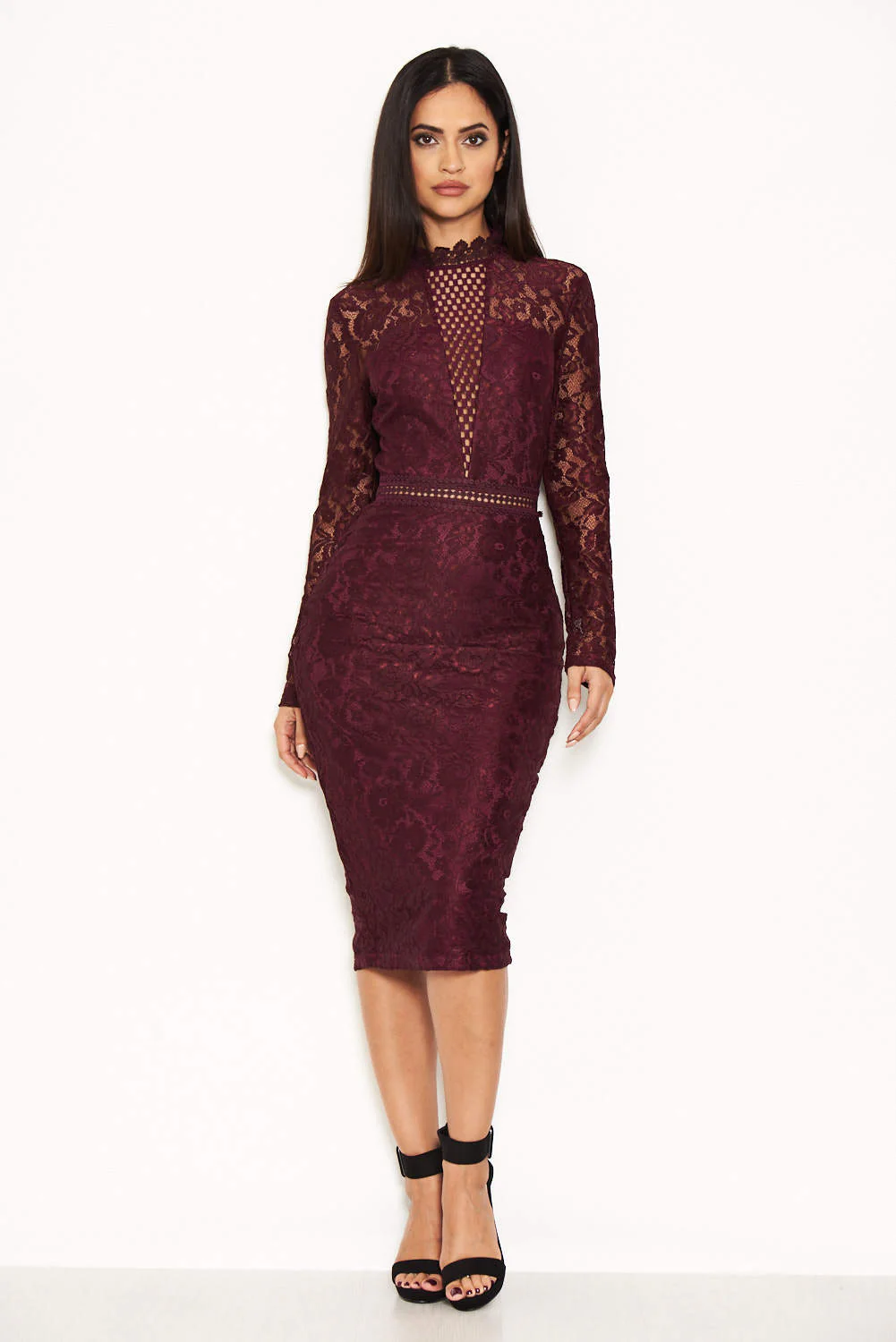 Plum High Neck Lace Dress With Frill Hem - Image 2