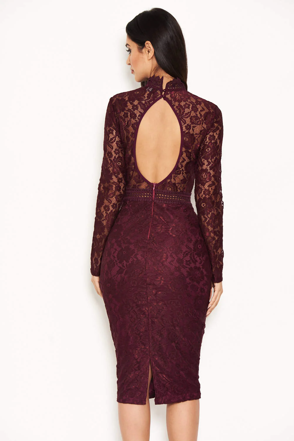Plum High Neck Lace Dress With Frill Hem - Image 3