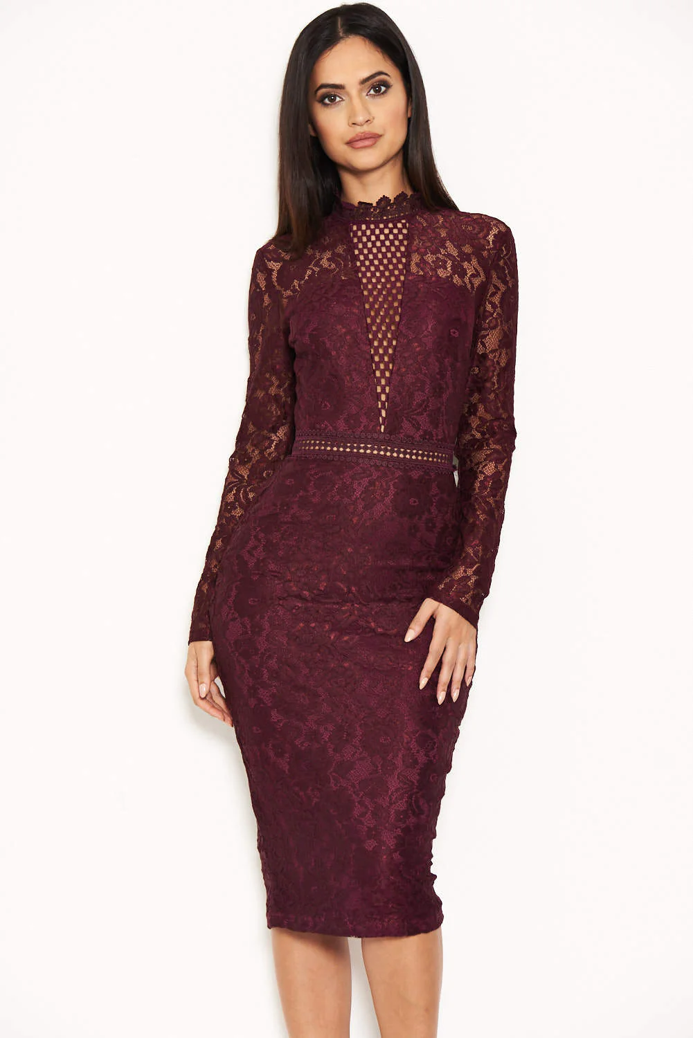 Plum High Neck Lace Dress With Frill Hem - Image 4