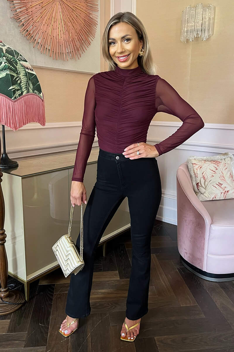 Plum High Neck Long Sleeve Ruched Mesh Bodysuit - Image 2