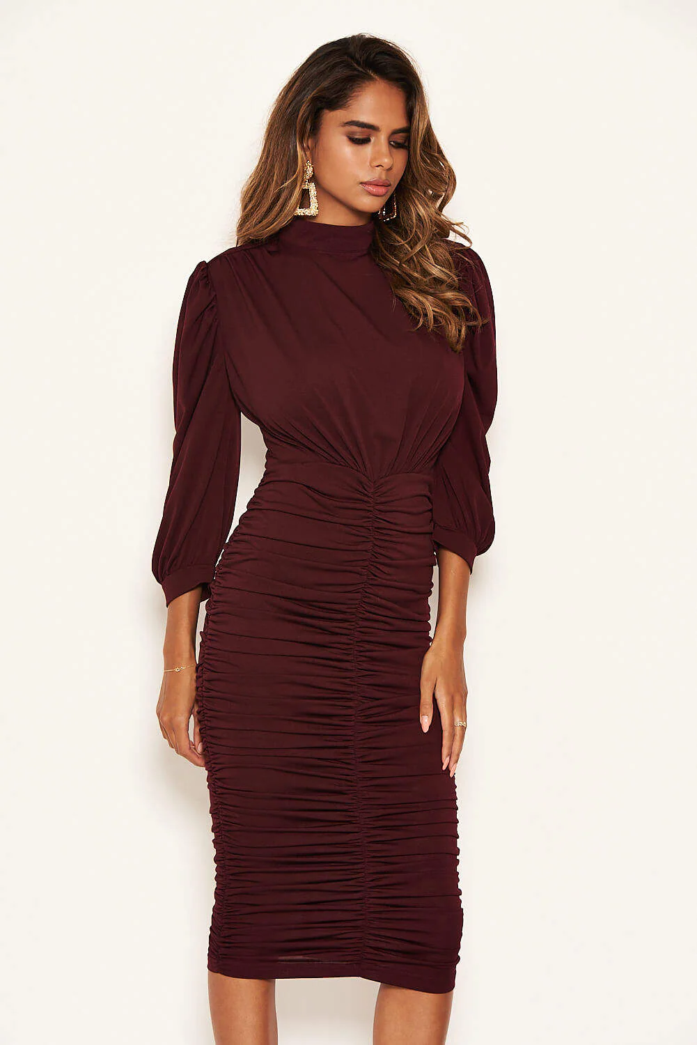 Plum High Neck Ruched Midi Dress - Image 6
