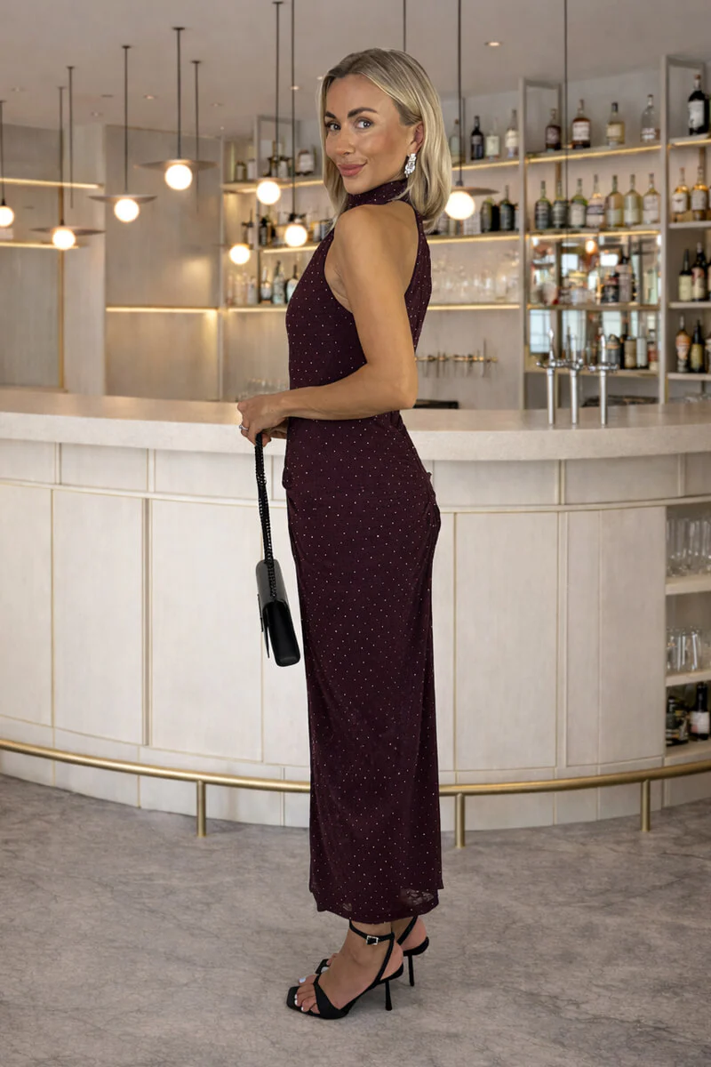 Plum Jacquard Diamante Halter Neck Knot Skirt Midi Dress - Image 4