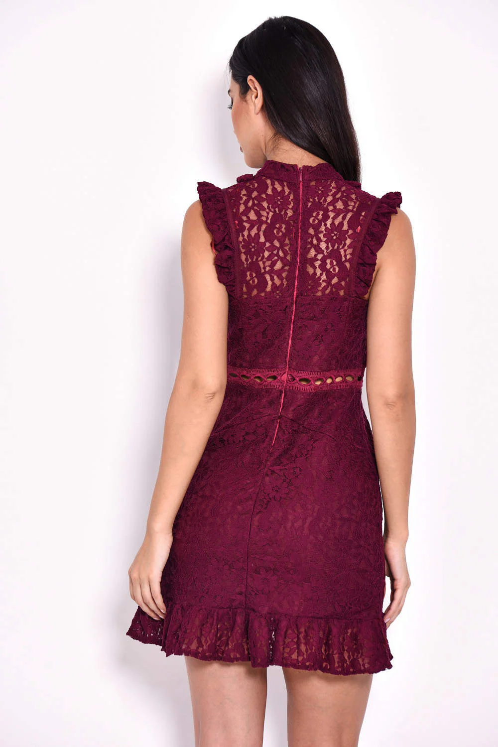 Plum Lace Frill Detail Dress - Image 3