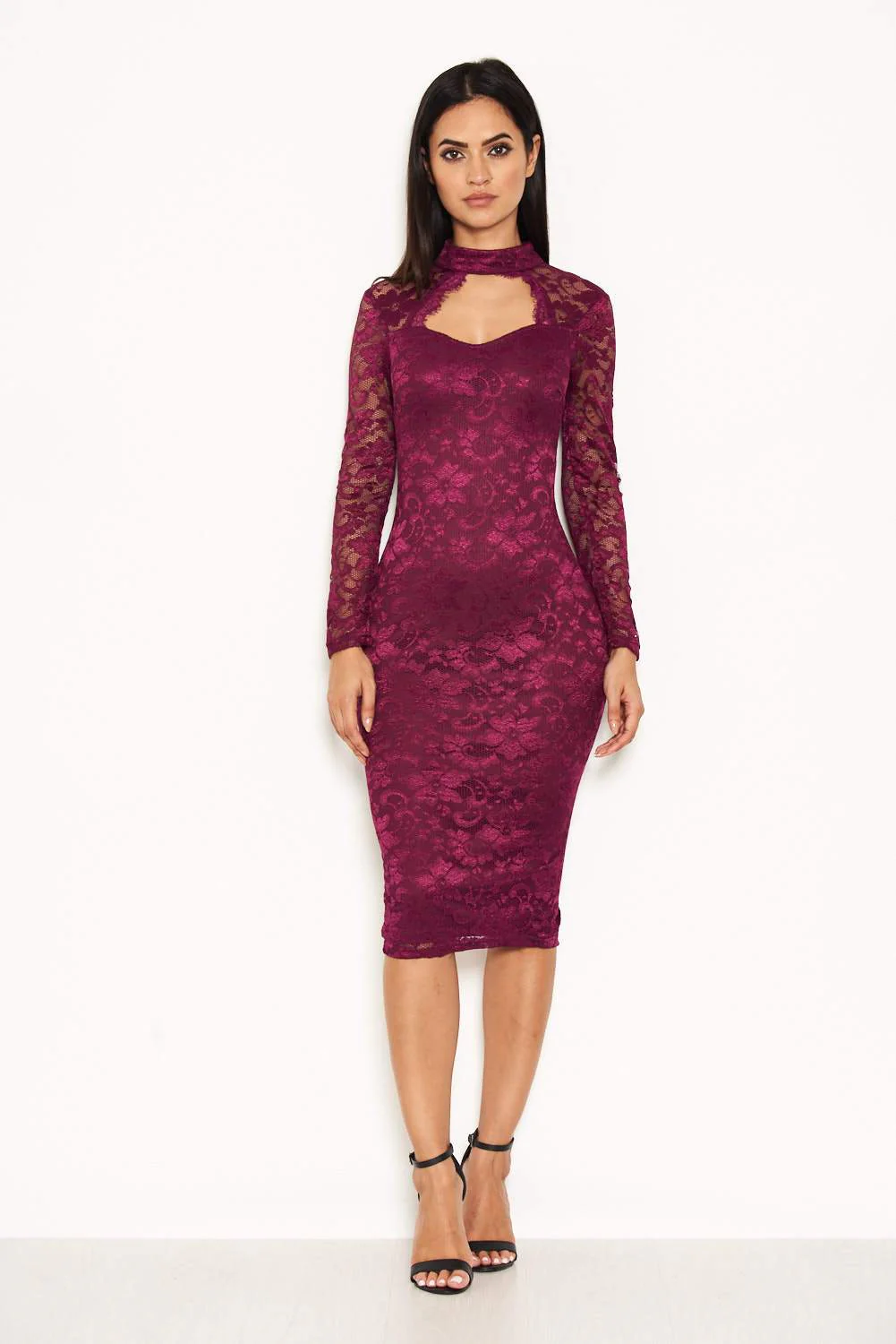 Plum Lace Midi Dress With Long Sleeves - Image 2