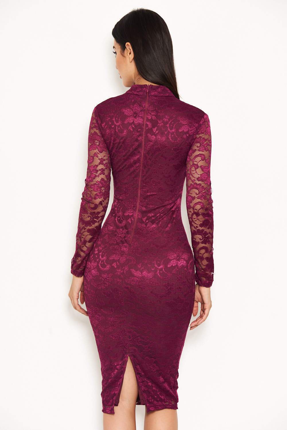 Plum Lace Midi Dress With Long Sleeves - Image 3