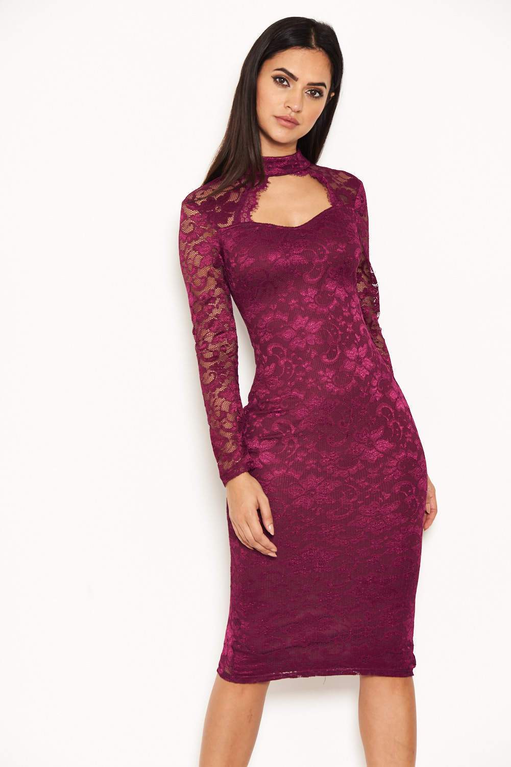 Plum Lace Midi Dress With Long Sleeves - Image 4