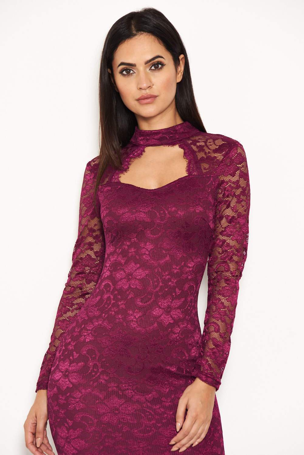 Plum Lace Midi Dress With Long Sleeves - Image 5