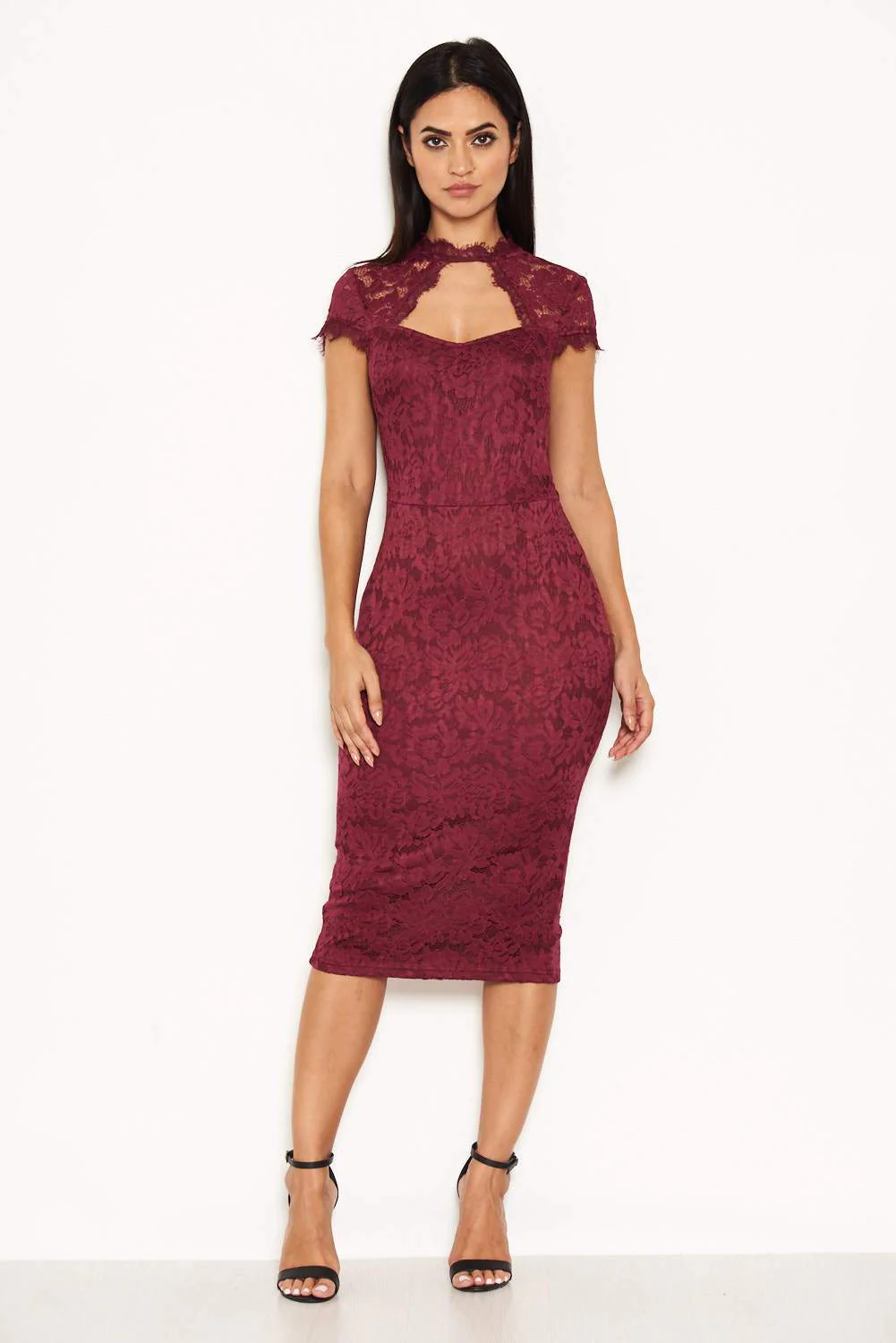 Plum Lace Open Back Bodycon Midi Dress - Image 2