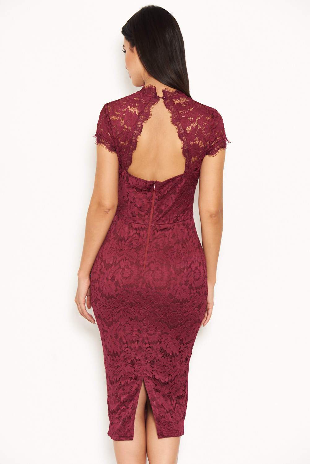 Plum Lace Open Back Bodycon Midi Dress - Image 3