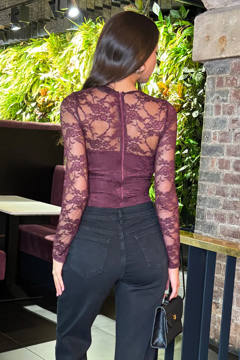 Plum Lace Overlay Long Sleeve Bodysuit - Image 5